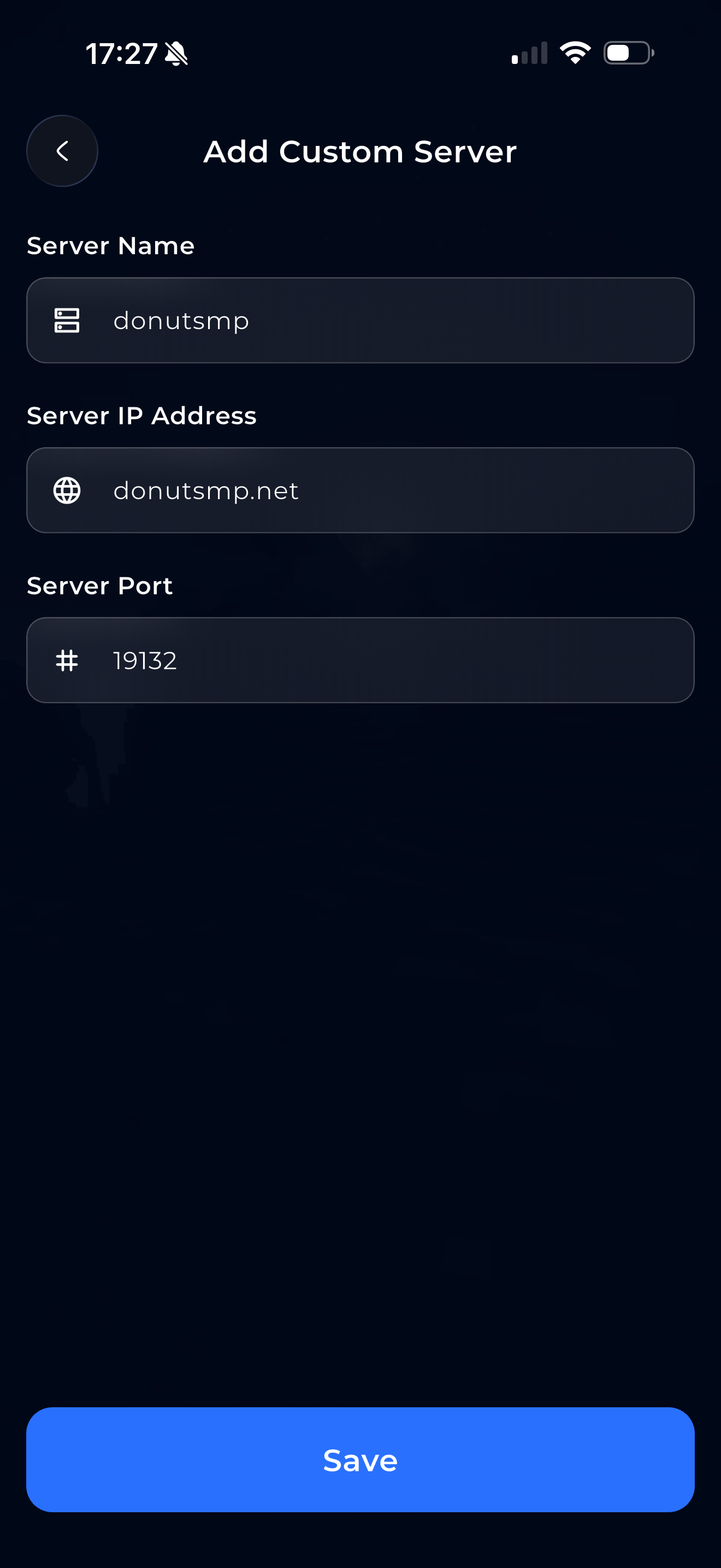Add Custom Server screen