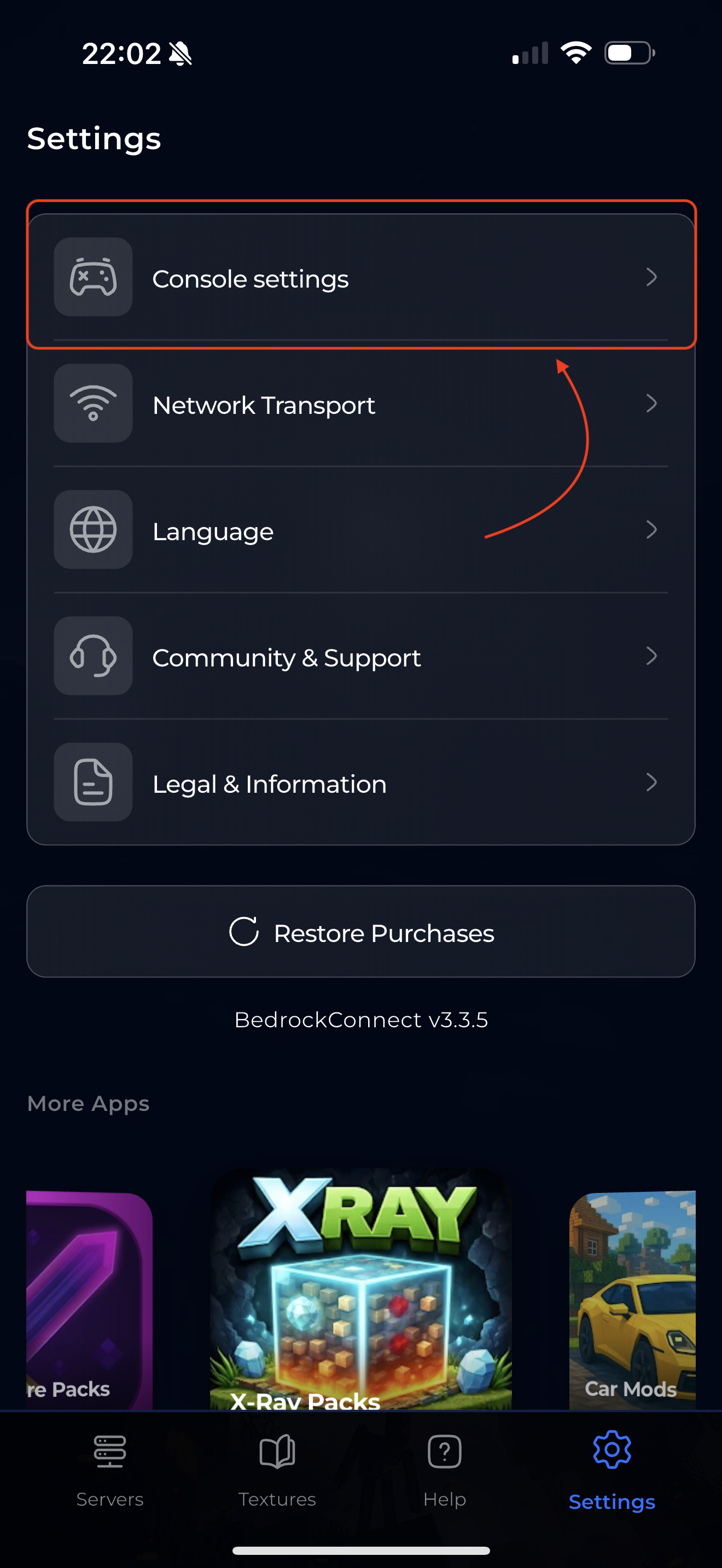 BedrockConnect Settings menu