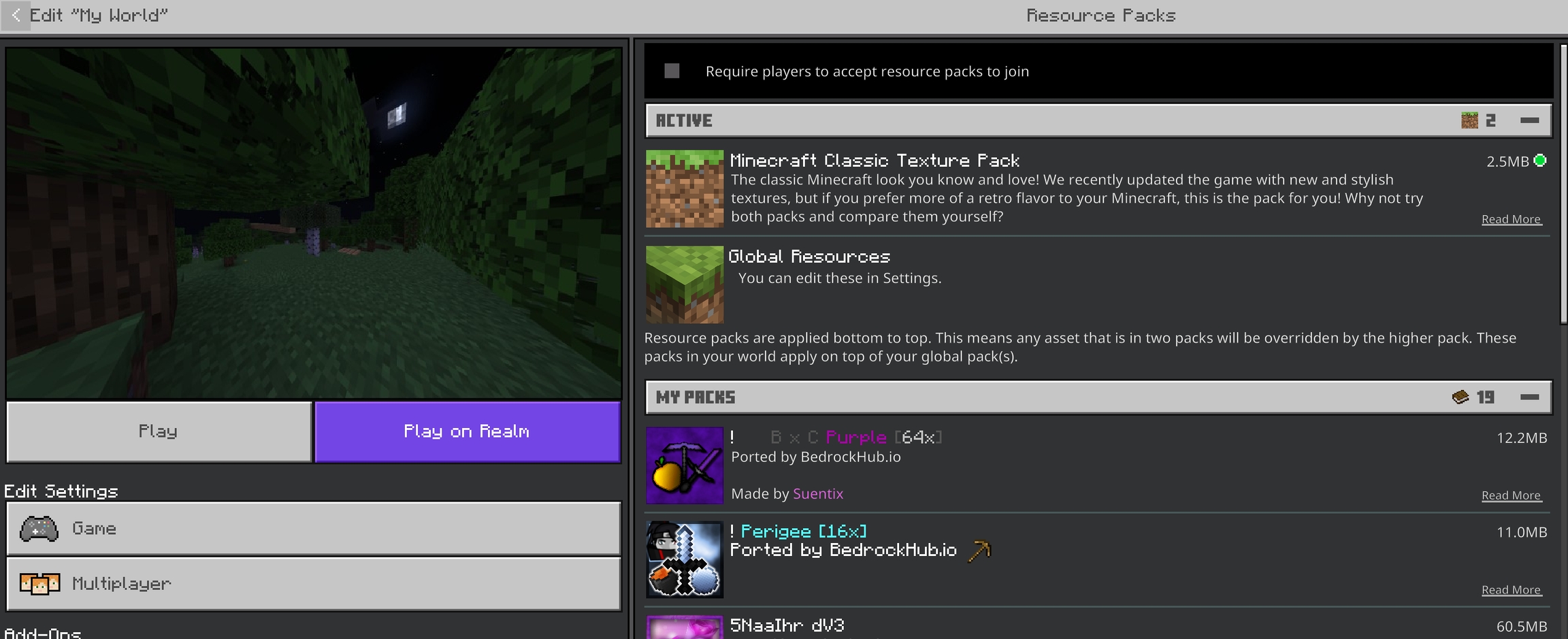 Singleplayer Resource Packs settings