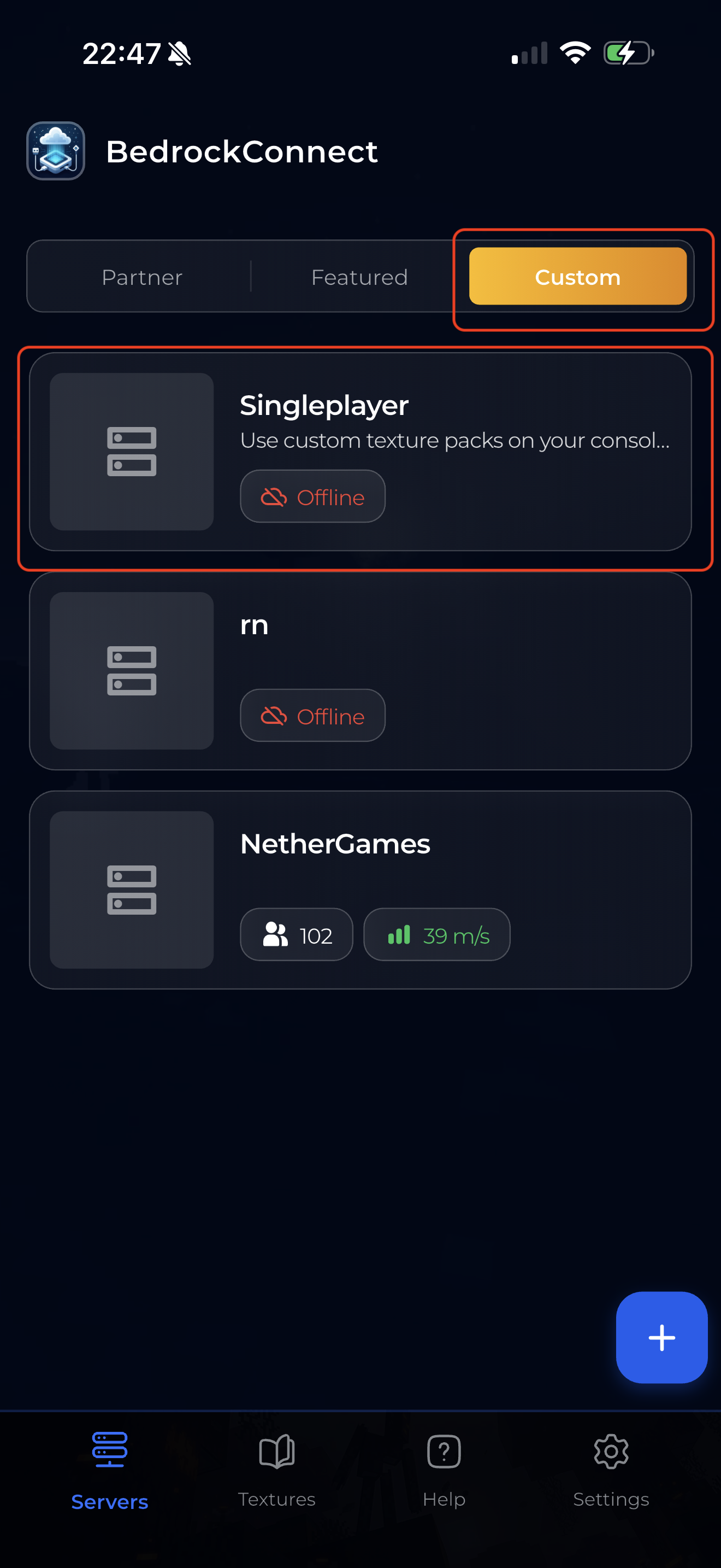 Singleplayer entry in the Custom server list