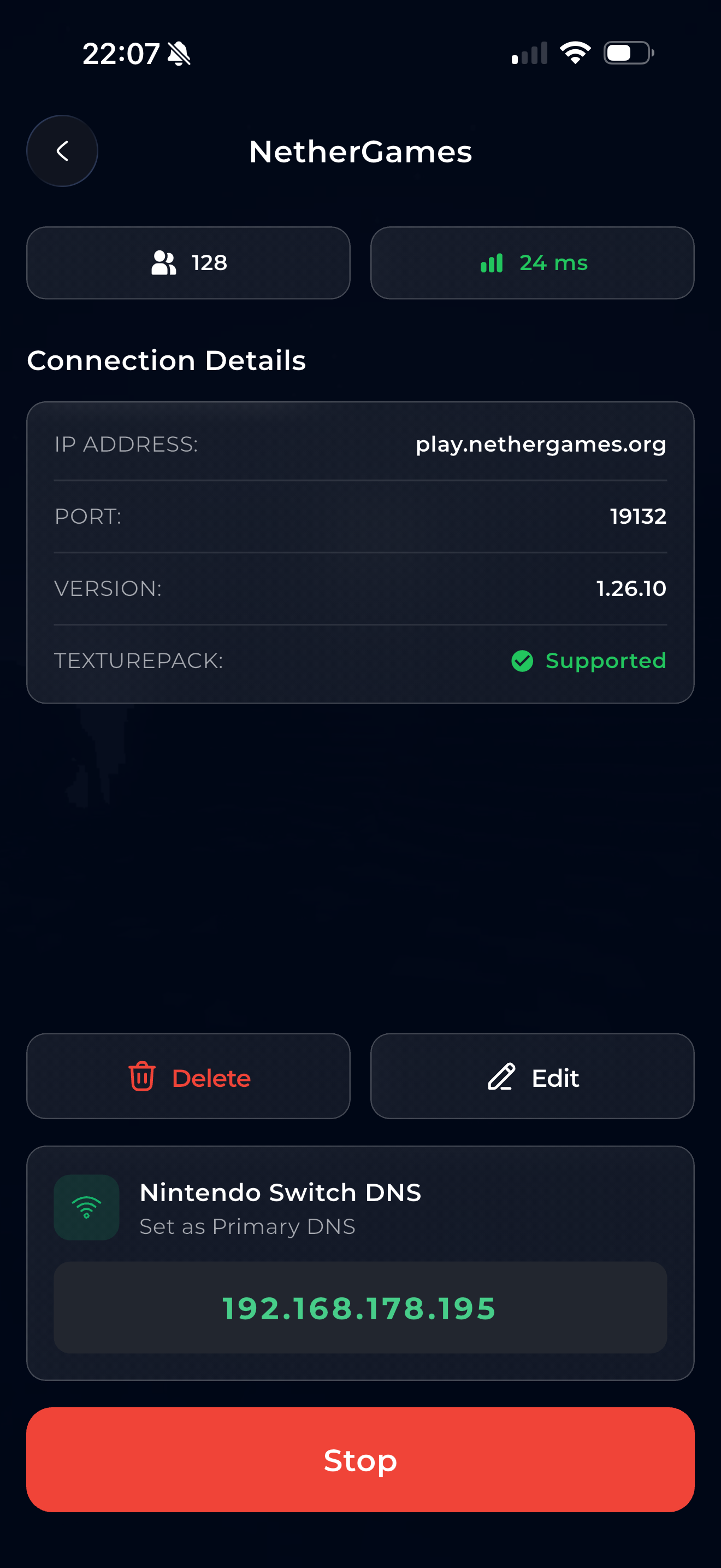 Server running showing DNS address